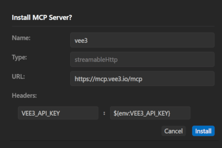 Cursor MCP install dialog with VEE3_API_KEY set to ${env:VEE3_API_KEY}