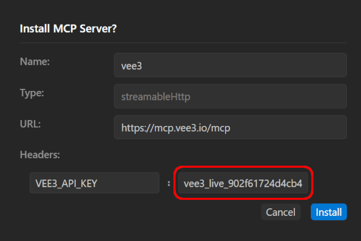Cursor MCP install dialog with a pasted Vee3 API key in the header